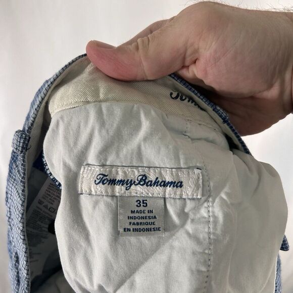 Tommy Bahama Chino Shorts Men's 35 Blue Plaid Button Zip 9.5" Inseam 100% Cotton - Picture 7 of 9